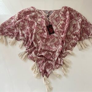 Roja Bohemian Southwestern Red and Cream Embroidered Poncho with Tassels